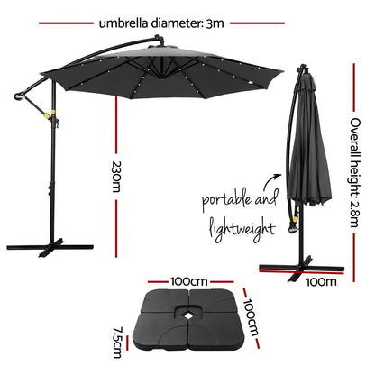 Instahut Outdoor Umbrella 3M Cantilever Beach LED Base Garden Sun Patio Charcoal - Image 2