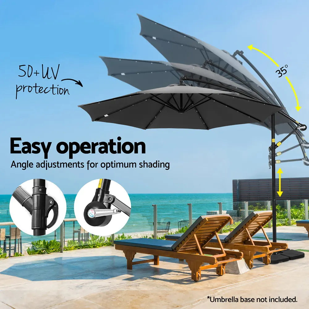 Instahut Outdoor Umbrella 3M Cantilever Beach LED Base Garden Sun Patio Charcoal - Image 5