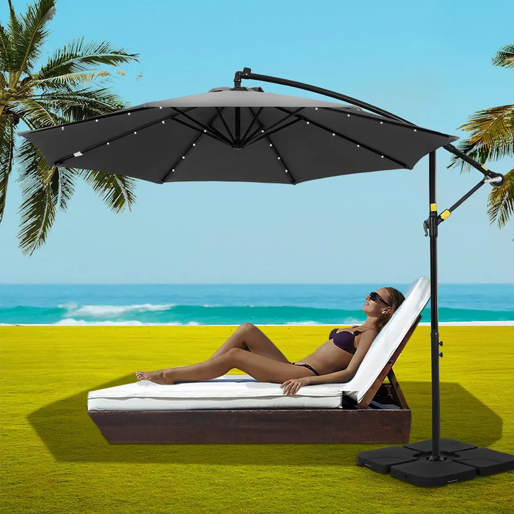 Instahut Outdoor Umbrella 3M Cantilever Beach LED Base Garden Sun Patio Charcoal - Image 7