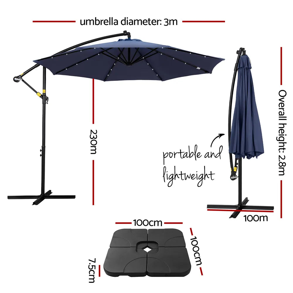 Instahut Outdoor Umbrella 3M Cantilever Beach LED w/Base Garden Shade Patio Navy - Image 2