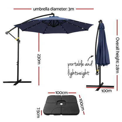 Instahut Outdoor Umbrella 3M Cantilever Beach LED w/Base Garden Shade Patio Navy - Image 2