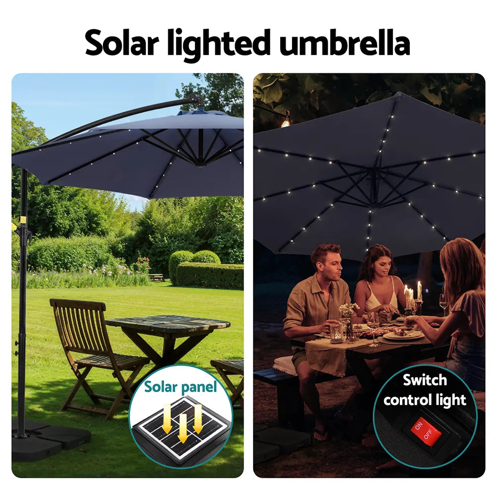 Instahut Outdoor Umbrella 3M Cantilever Beach LED w/Base Garden Shade Patio Navy - Image 4