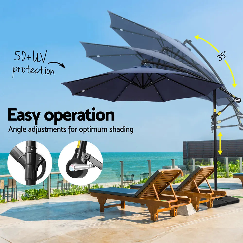 Instahut Outdoor Umbrella 3M Cantilever Beach LED w/Base Garden Shade Patio Navy - Image 5