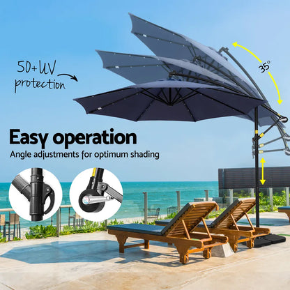 Instahut Outdoor Umbrella 3M Cantilever Beach LED w/Base Garden Shade Patio Navy - Image 5