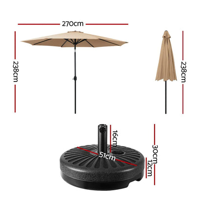 Instahut 2.7m Outdoor Umbrella w/Base Pole Stand Garden Sun Beige - Image 2