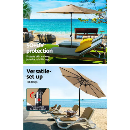 Instahut 2.7m Outdoor Umbrella w/Base Pole Stand Garden Sun Beige - Image 5
