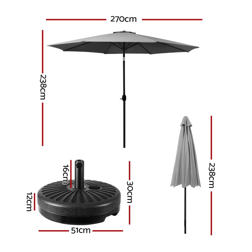 Instahut 2.7m Outdoor Umbrella w/Base Pole Stand Garden Sun Charcoal - Image 2