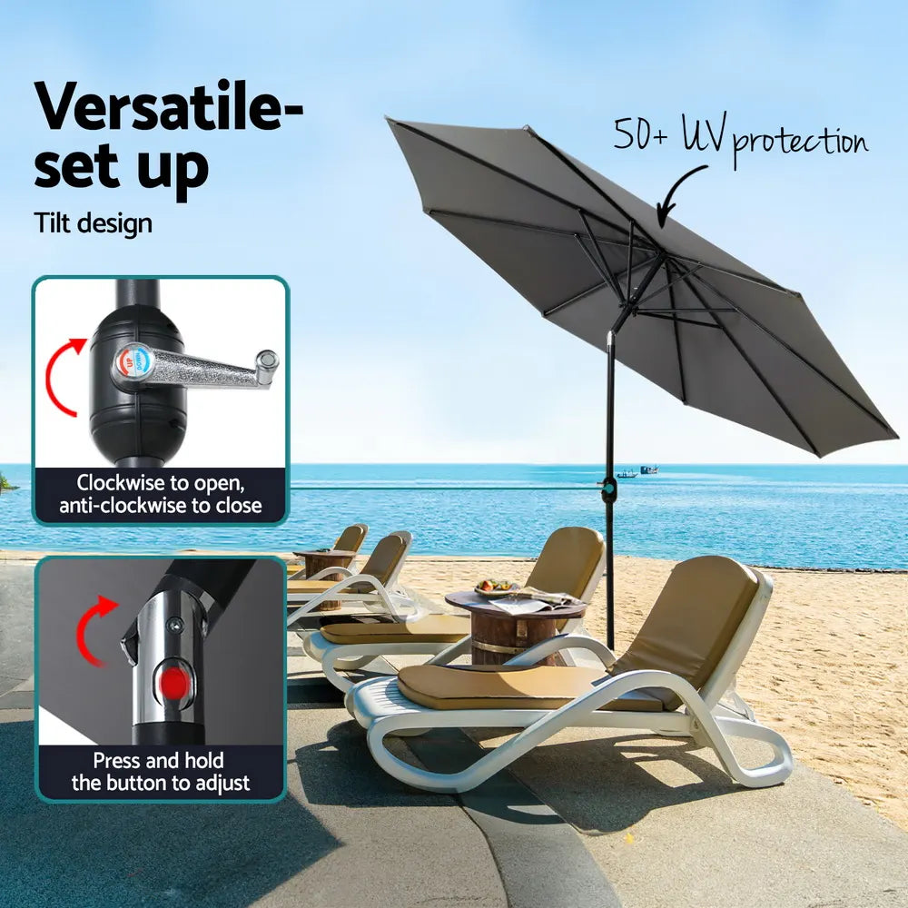 Instahut 2.7m Outdoor Umbrella w/Base Pole Stand Garden Sun Charcoal - Image 4