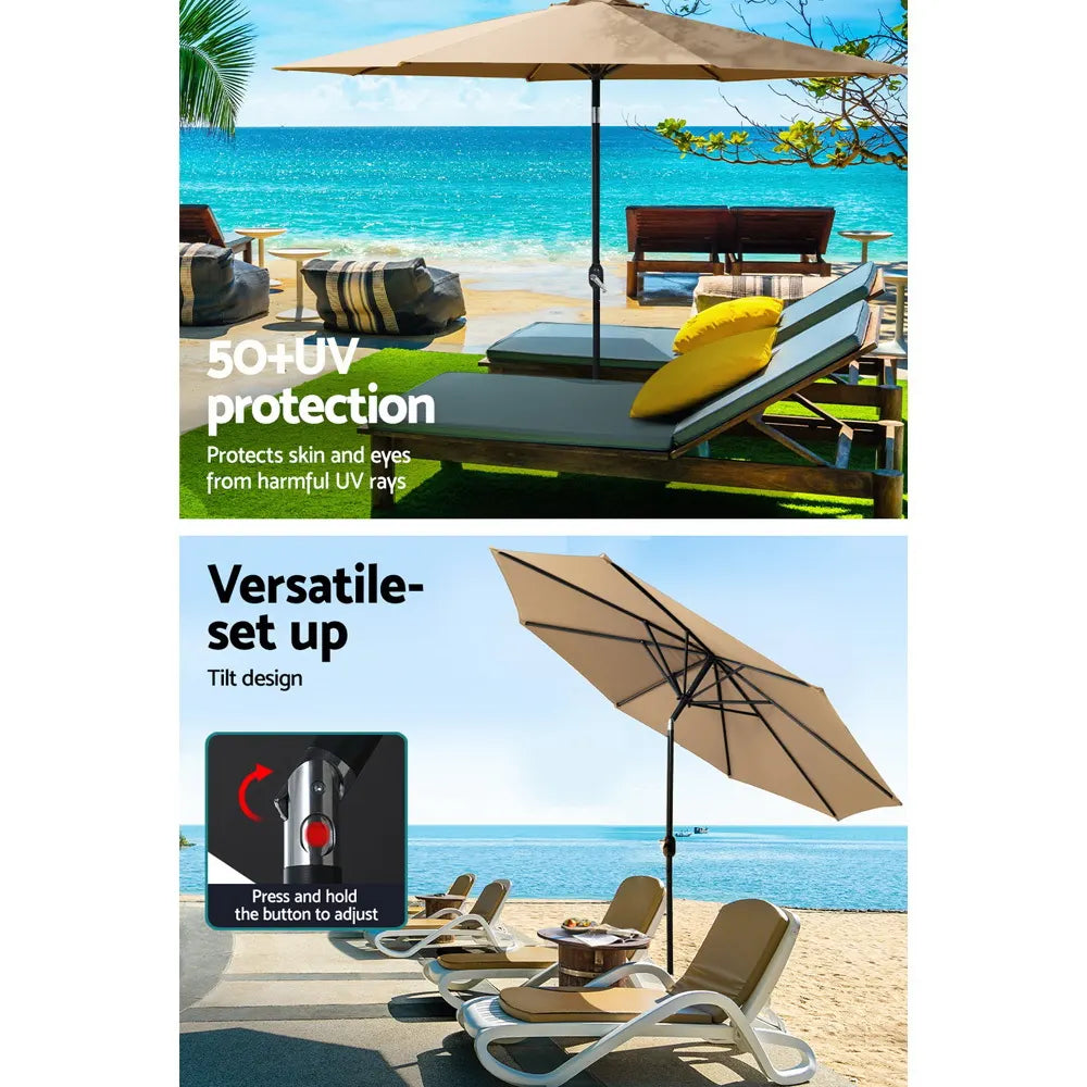 Instahut 3m Outdoor Umbrella w/Base Pole Tilt Beach Garden Patio Beige - Image 5