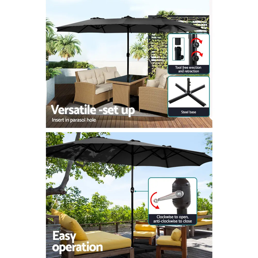 Instahut 4.57m Outdoor Umbrella w/Base Stand Beach Pole Garden Tilt Black - Image 4