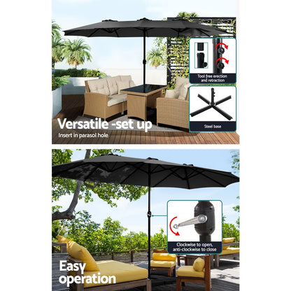 Instahut 4.57m Outdoor Umbrella w/Base Stand Beach Pole Garden Tilt Black - Image 4
