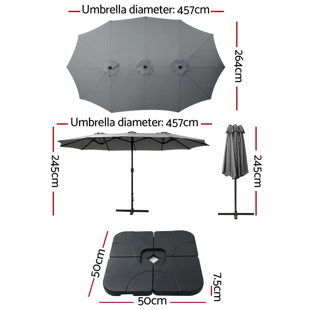 Instahut 4.57m Outdoor Umbrella w/Base Stand Beach Pole Garden Tilt Charcoal - Image 2