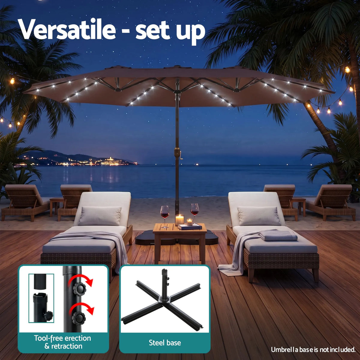 Instahut Outdoor Umbrella 4.57m Solar 48 LED Double-Sided Patio Parasol Brown - Image 6