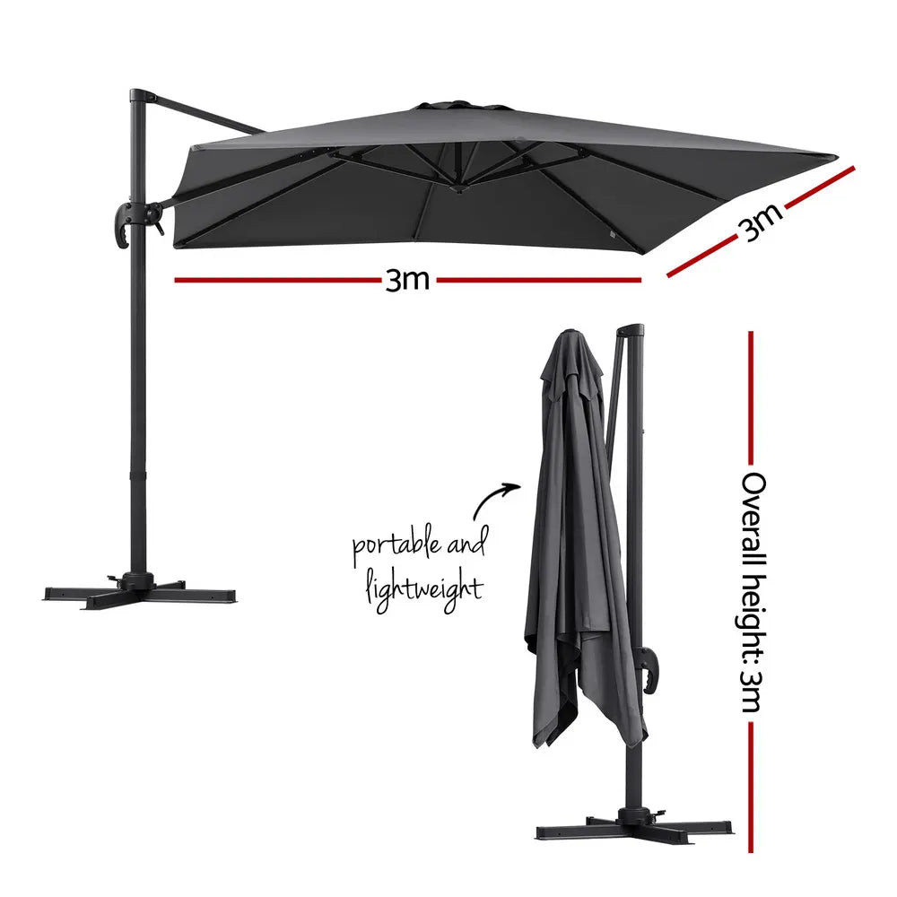 Instahut Outdoor Umbrella 3m Umbrellas Cantilever Stand Sun Roma 360 Degree Charcoal - Image 2