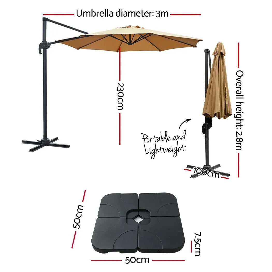 Instahut 3m Outdoor Umbrella w/Base Cantilever Beach Roma 360 Degree Tilt Beige - Image 2