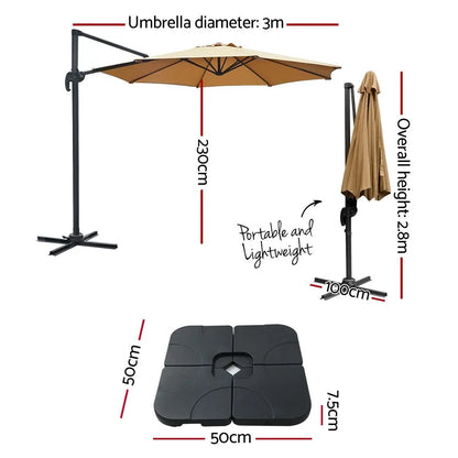 Instahut 3m Outdoor Umbrella w/Base Cantilever Beach Roma 360 Degree Tilt Beige - Image 2
