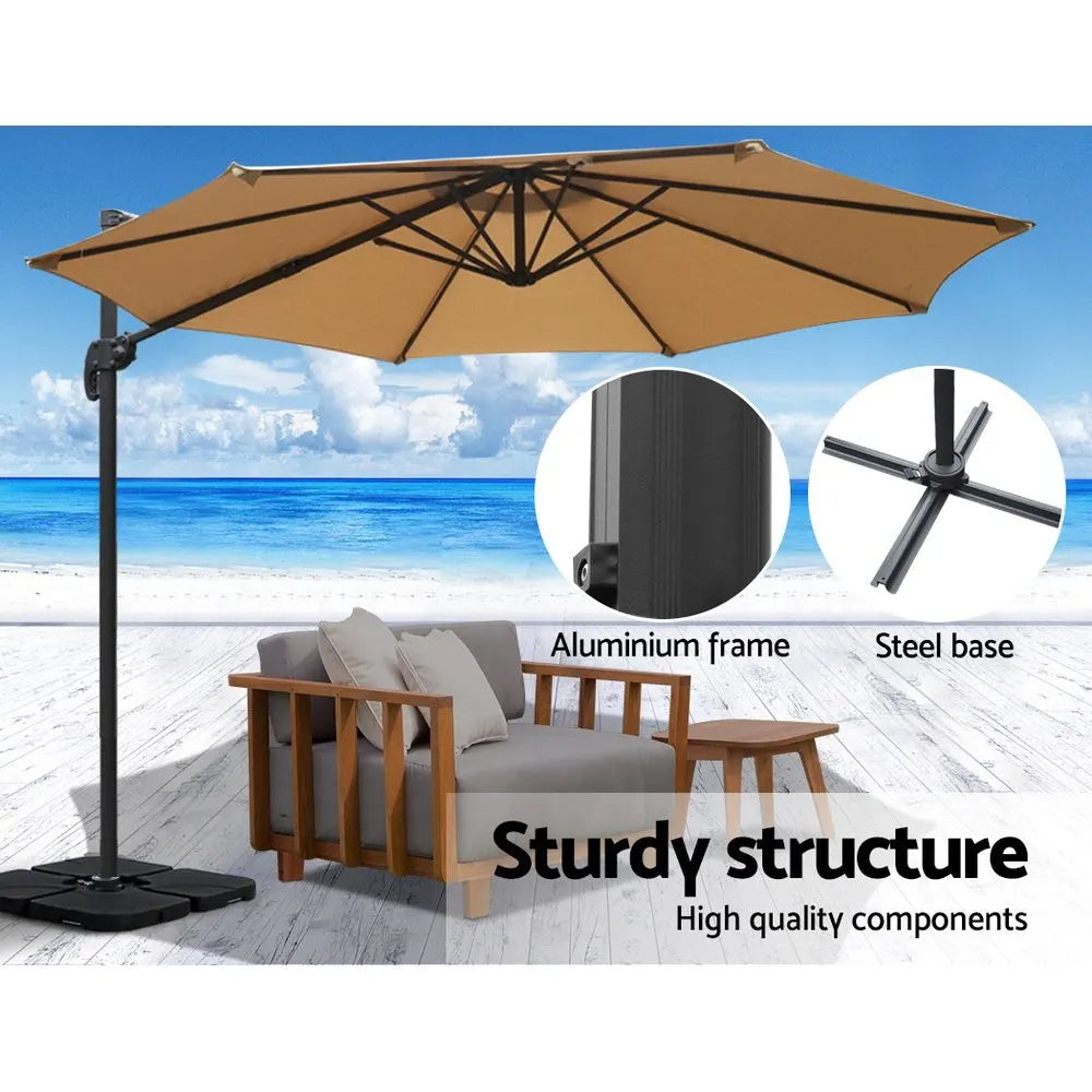 Instahut 3m Outdoor Umbrella w/Base Cantilever Beach Roma 360 Degree Tilt Beige - Image 6