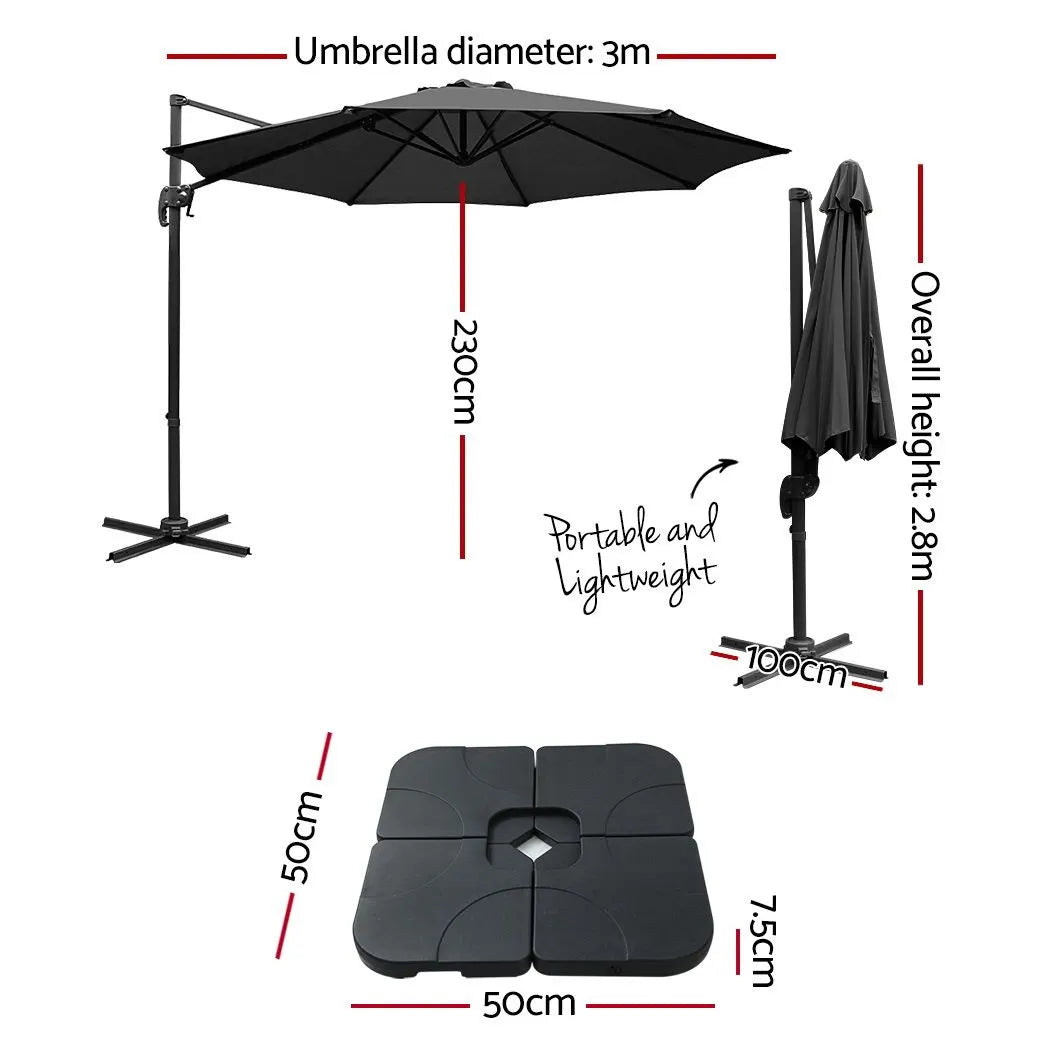 Instahut 3m Outdoor Umbrella w/Base Cantilever Beach Roma 360 Degree Tilt Black - Image 2