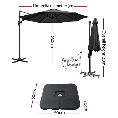Instahut 3m Outdoor Umbrella w/Base Cantilever Beach Roma 360 Degree Tilt Black - Image 2