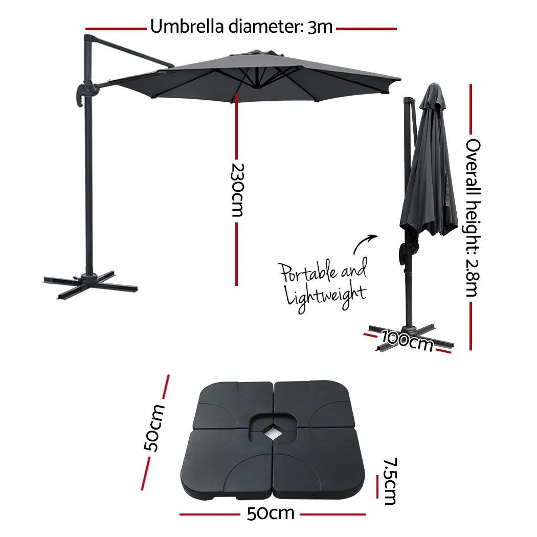 Instahut 3m Outdoor Umbrella w/Base Cantilever Beach Roma 360 Degree Tilt Charcoal - Image 2