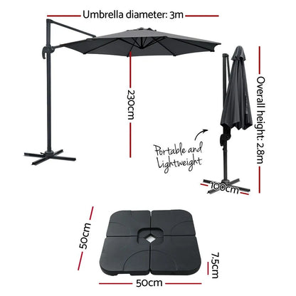 Instahut 3m Outdoor Umbrella w/Base Cantilever Beach Roma 360 Degree Tilt Charcoal - Image 2