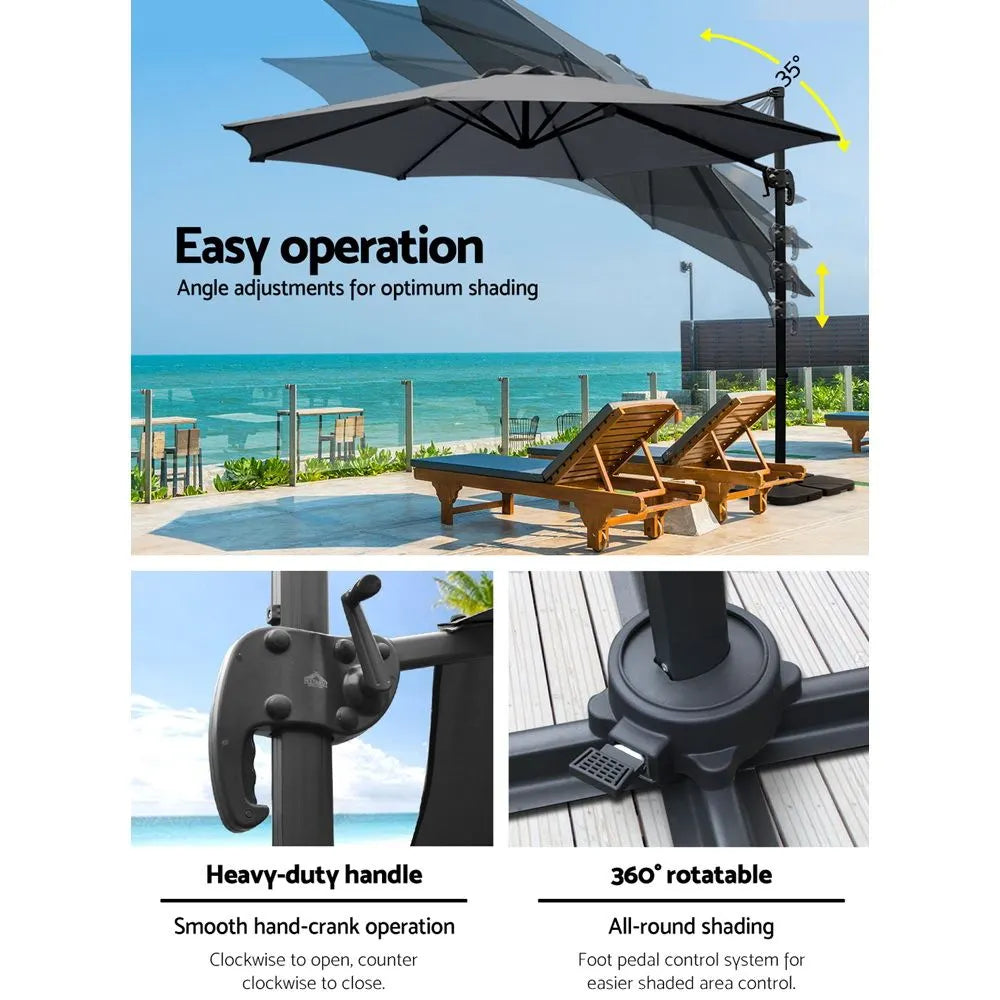 Instahut 3m Outdoor Umbrella w/Base Cantilever Beach Roma 360 Degree Tilt Charcoal - Image 5