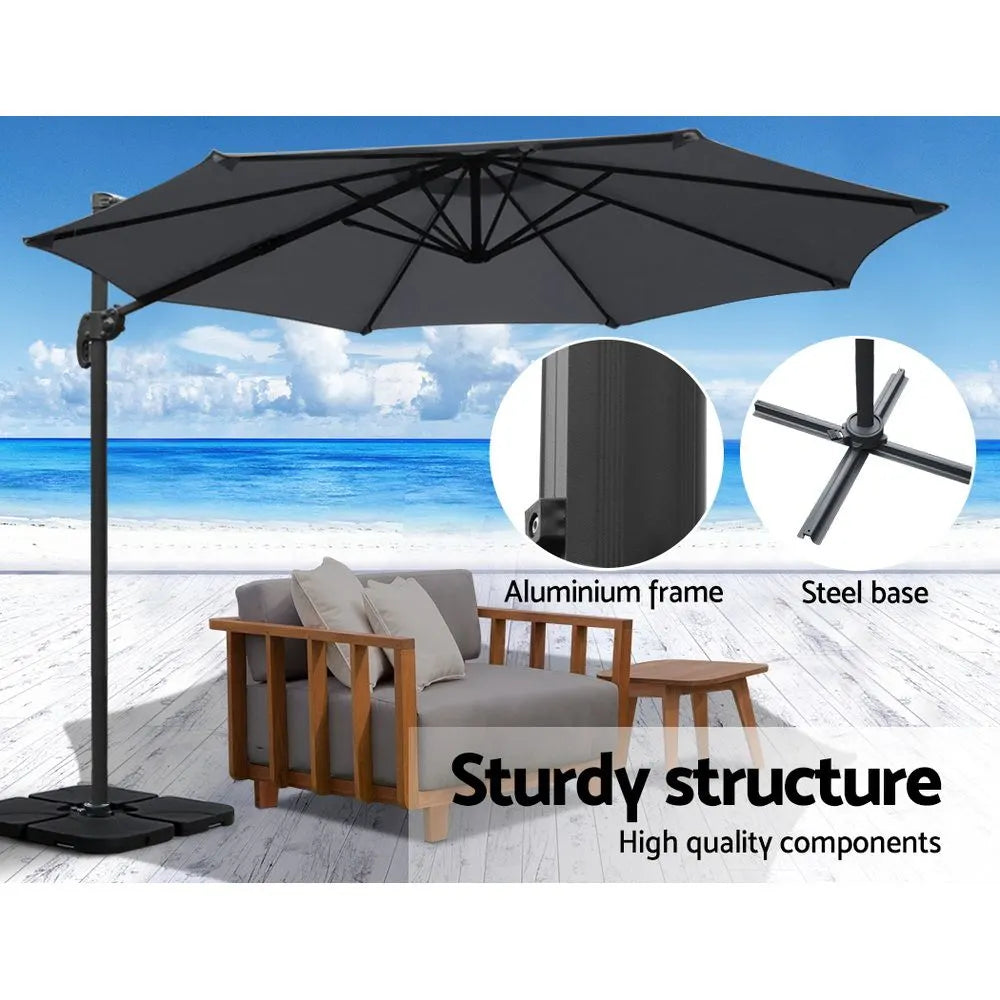 Instahut 3m Outdoor Umbrella w/Base Cantilever Beach Roma 360 Degree Tilt Charcoal - Image 6