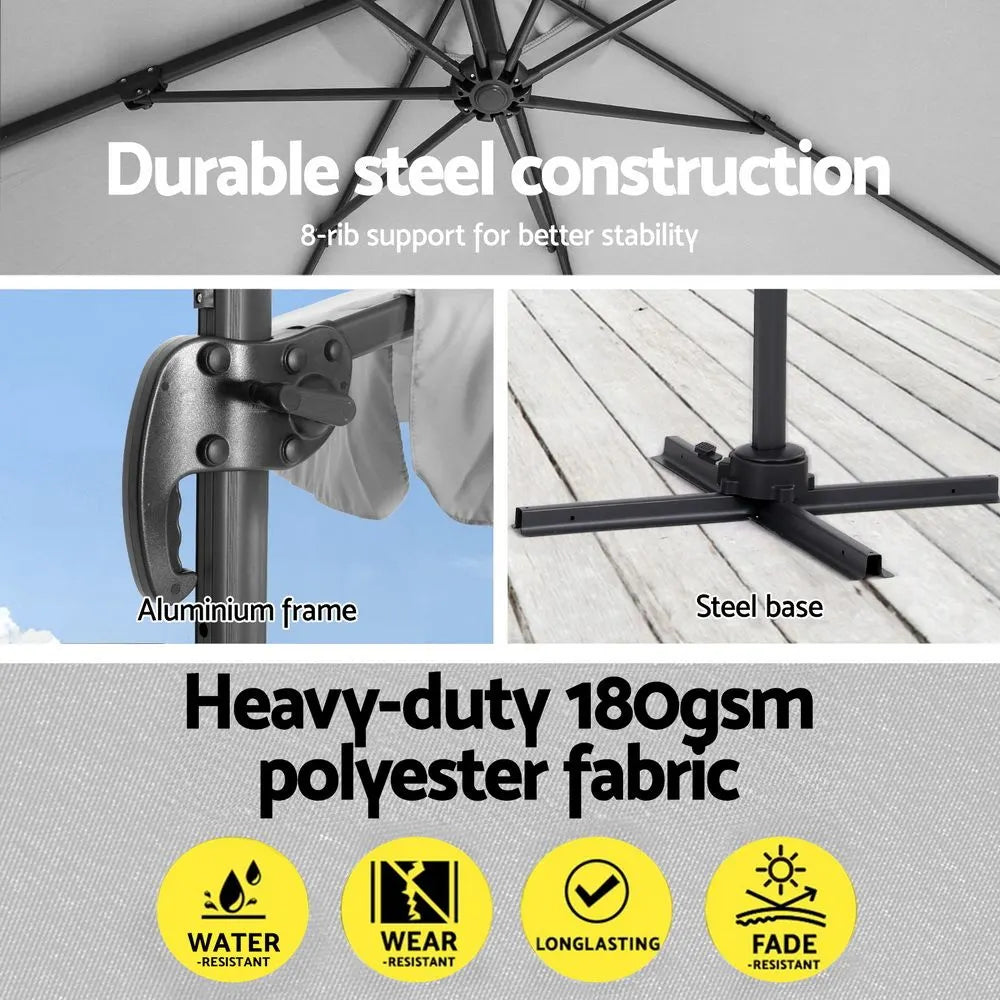 Instahut 3m Outdoor Umbrella w/Base Cantilever Beach Roma 360 Degree Tilt Grey - Image 5