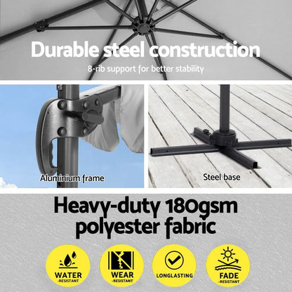 Instahut 3m Outdoor Umbrella w/Base Cantilever Beach Roma 360 Degree Tilt Grey - Image 5