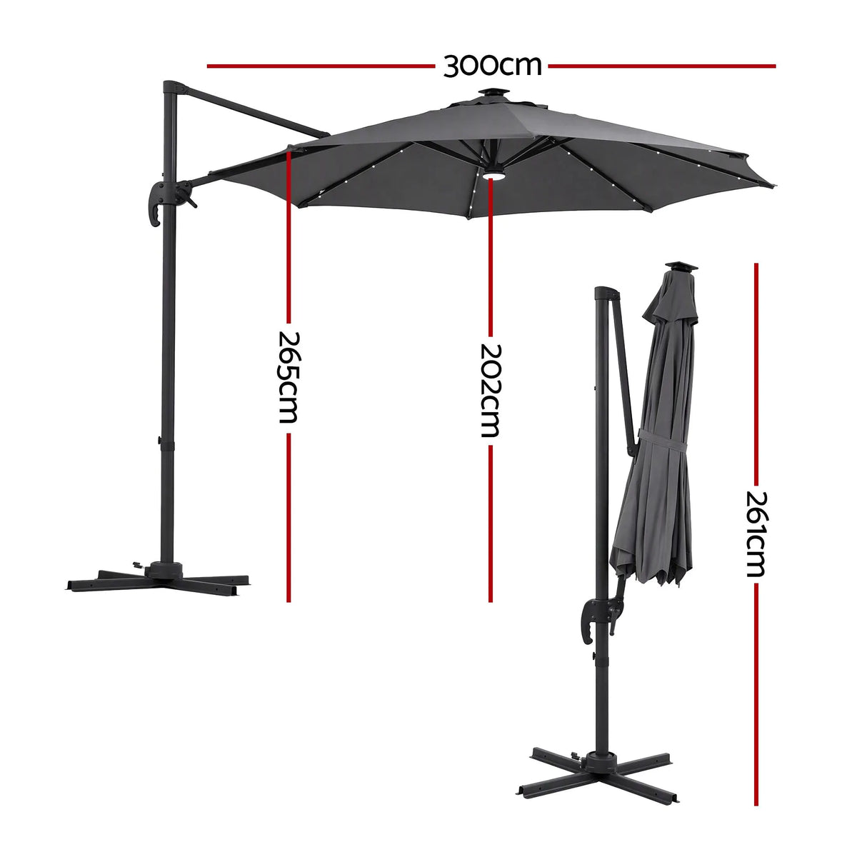 Instahut Outdoor Umbrella 3m Solar LED Offset Cantilever Patio Parasol Charcoal - Image 2