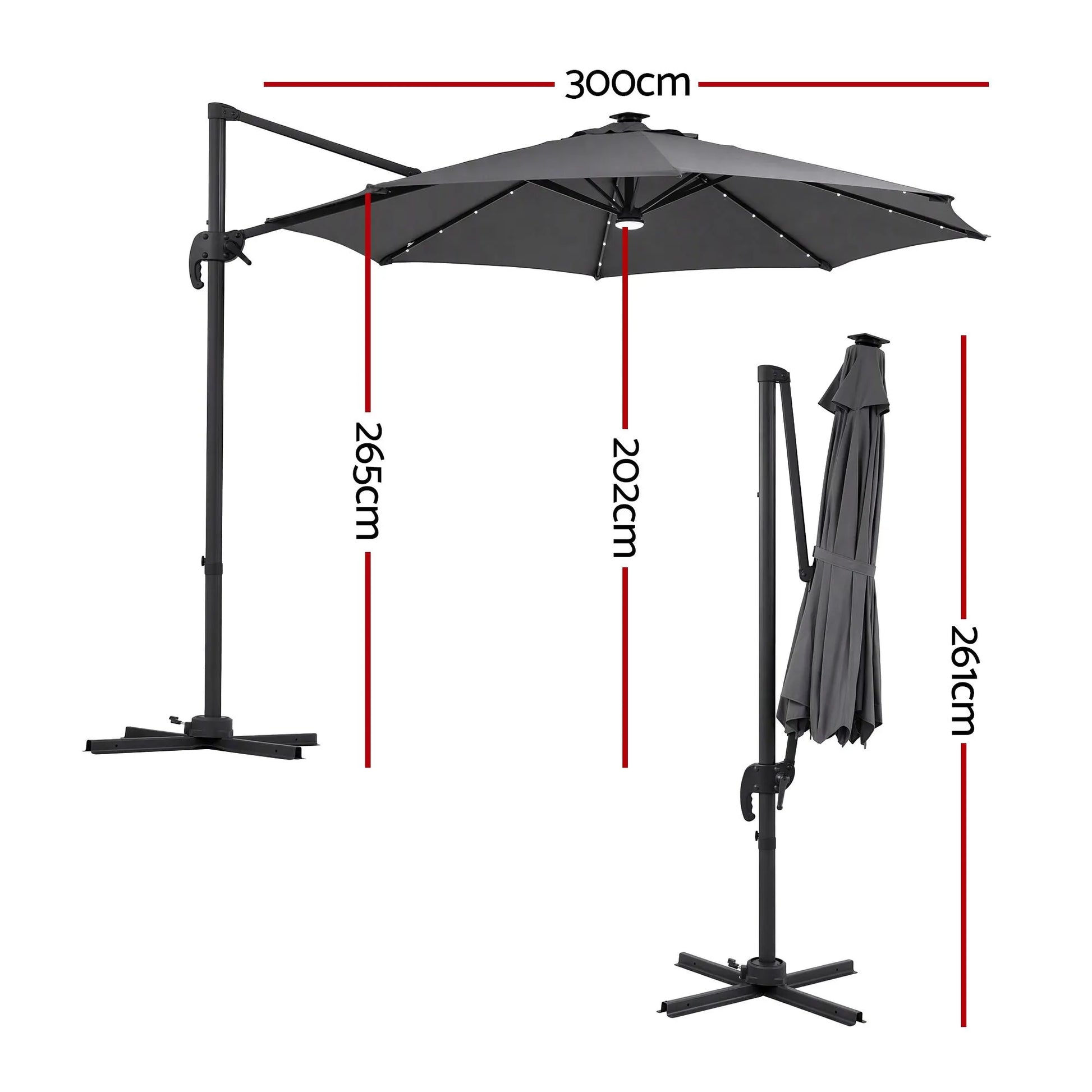 Instahut Outdoor Umbrella 3m Solar LED Offset Cantilever Patio Parasol Charcoal - Image 2