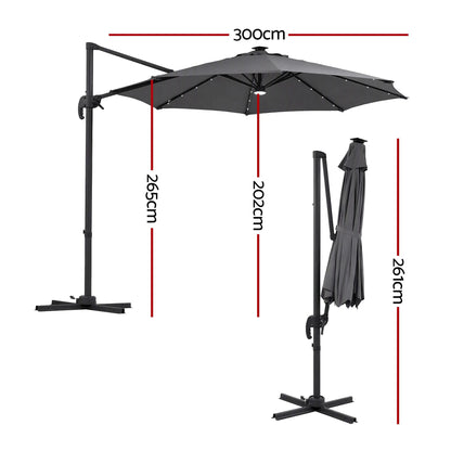 Instahut Outdoor Umbrella 3m Solar LED Offset Cantilever Patio Parasol Charcoal - Image 2