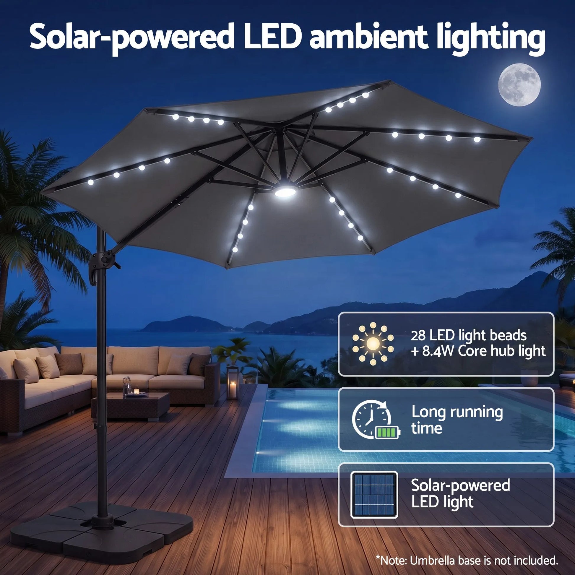 Instahut Outdoor Umbrella 3m Solar LED Offset Cantilever Patio Parasol Charcoal - Image 4