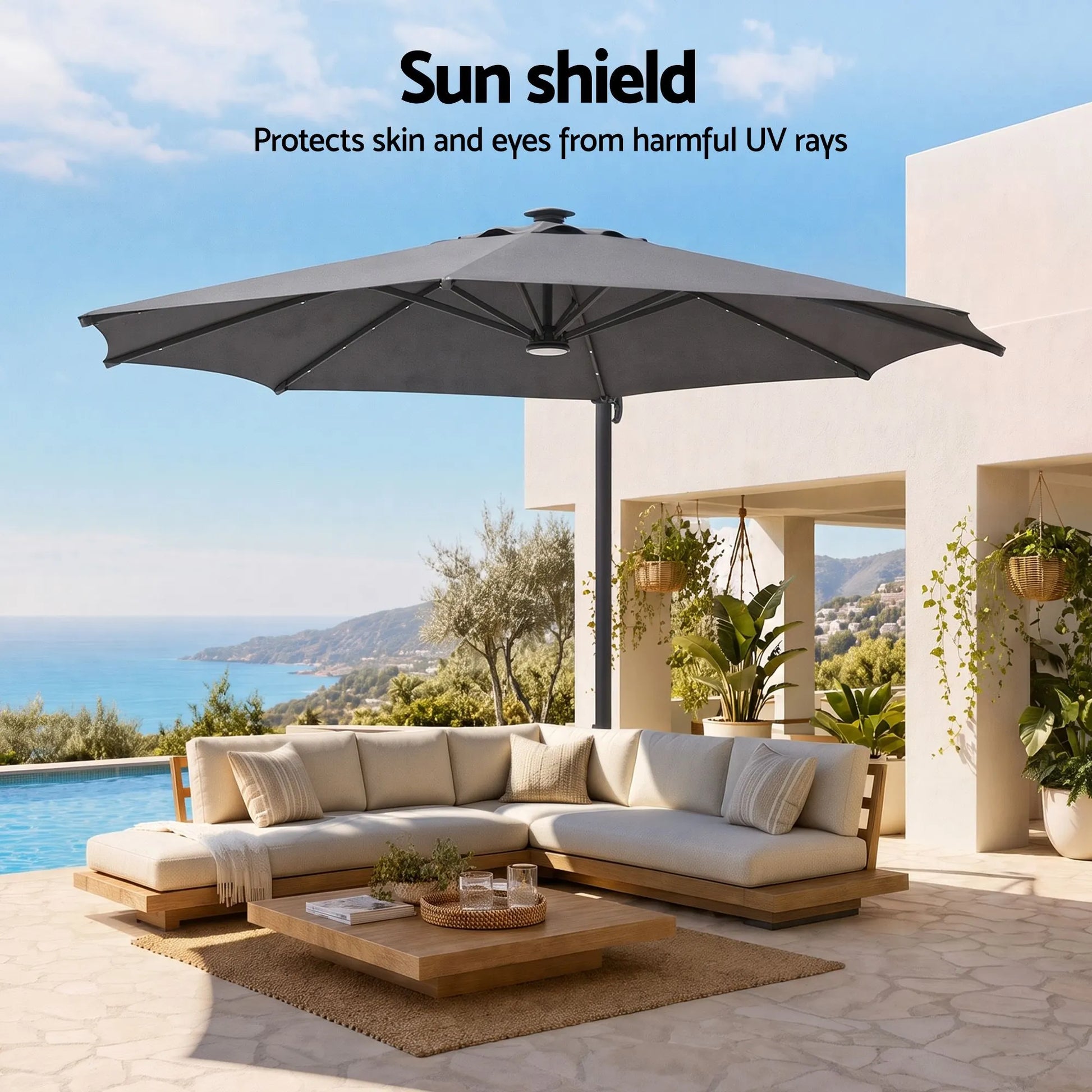 Instahut Outdoor Umbrella 3m Solar LED Offset Cantilever Patio Parasol Charcoal - Image 5