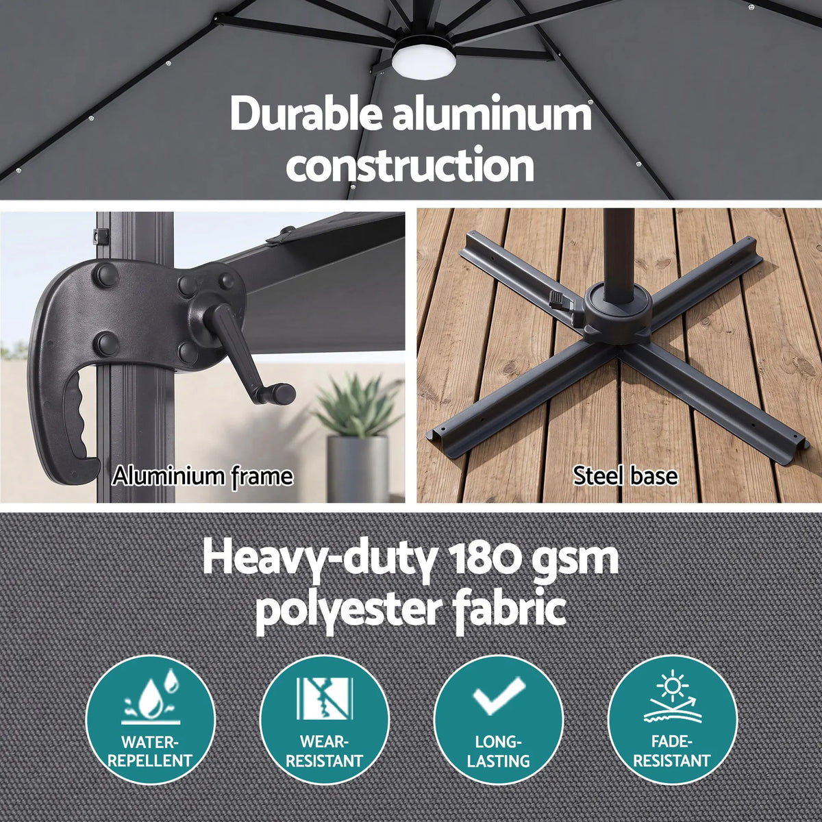 Instahut Outdoor Umbrella 3m Solar LED Offset Cantilever Patio Parasol Charcoal - Image 8