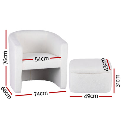 Artiss Armchair Accent Chair w/Ottoman Lounge Footrest Storage Boucle White - Image 2