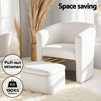 Artiss Armchair Accent Chair w/Ottoman Lounge Footrest Storage Boucle White - Image 4