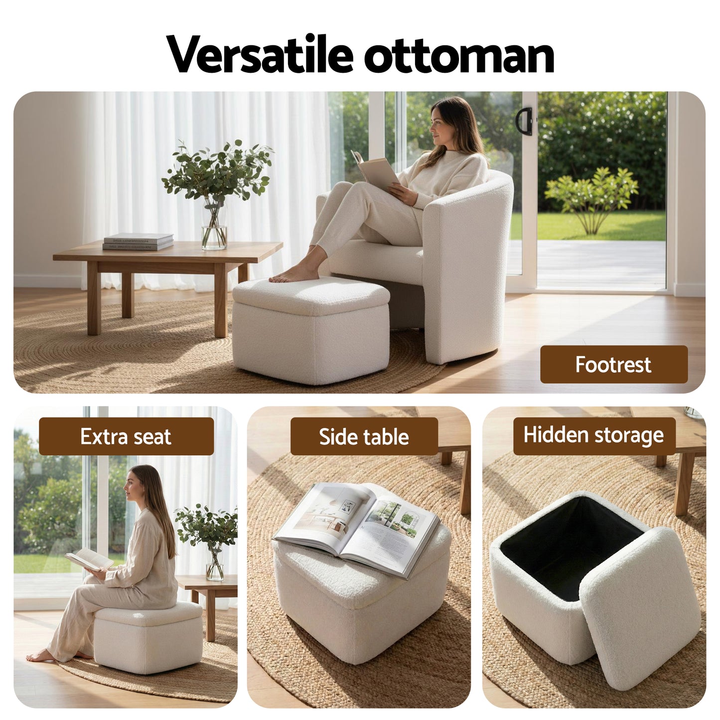 Artiss Armchair Accent Chair w/Ottoman Lounge Footrest Storage Boucle White - Image 5
