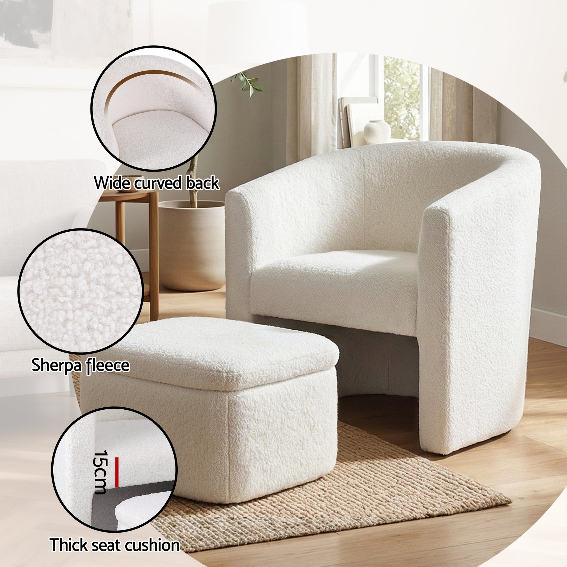 Artiss Armchair Accent Chair w/Ottoman Lounge Footrest Storage Boucle White - Image 6