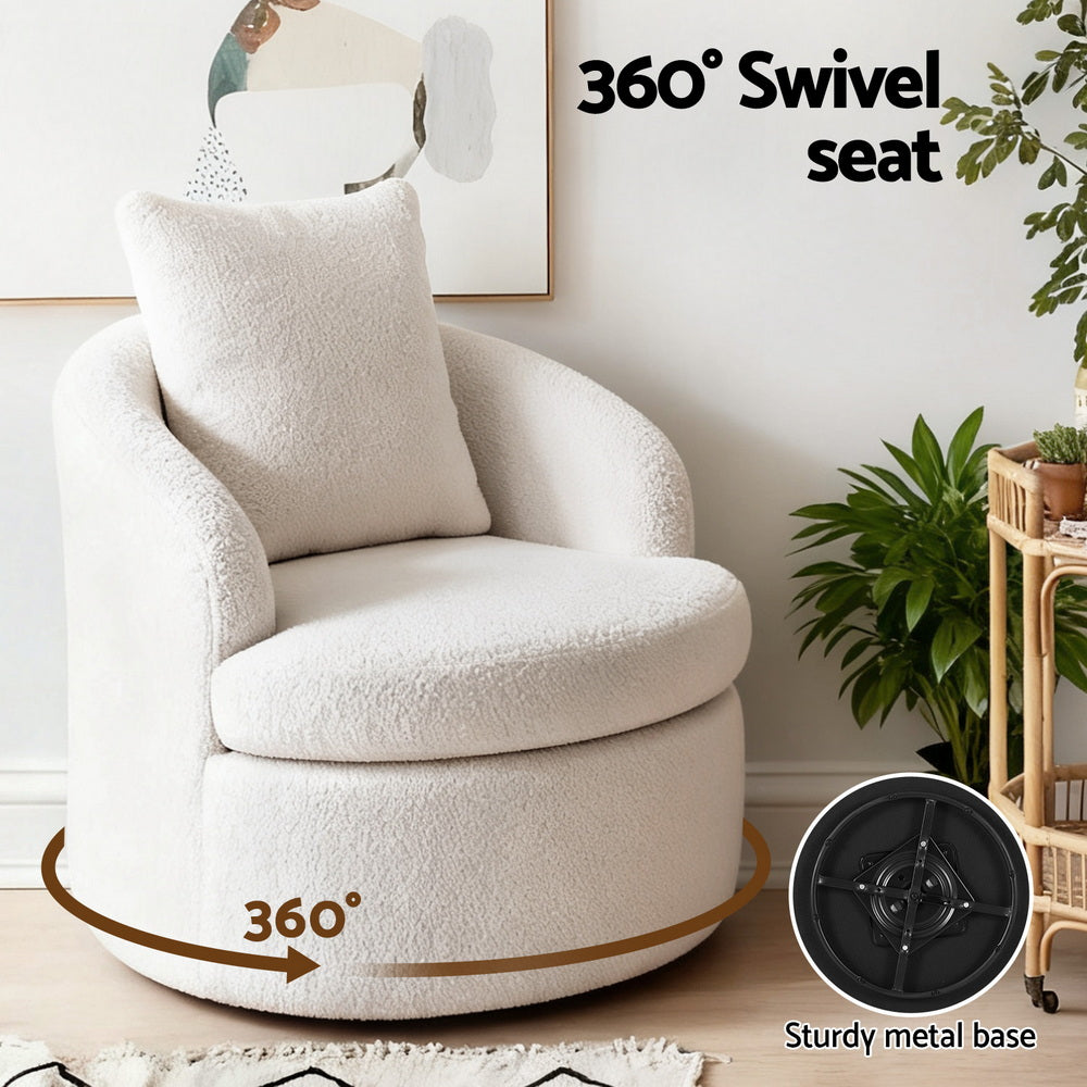 Artiss Round Swivel Armchair Extra Pillow White - Image 4