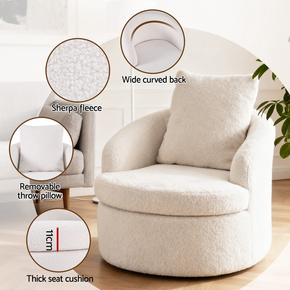 Artiss Round Swivel Armchair Extra Pillow White - Image 5
