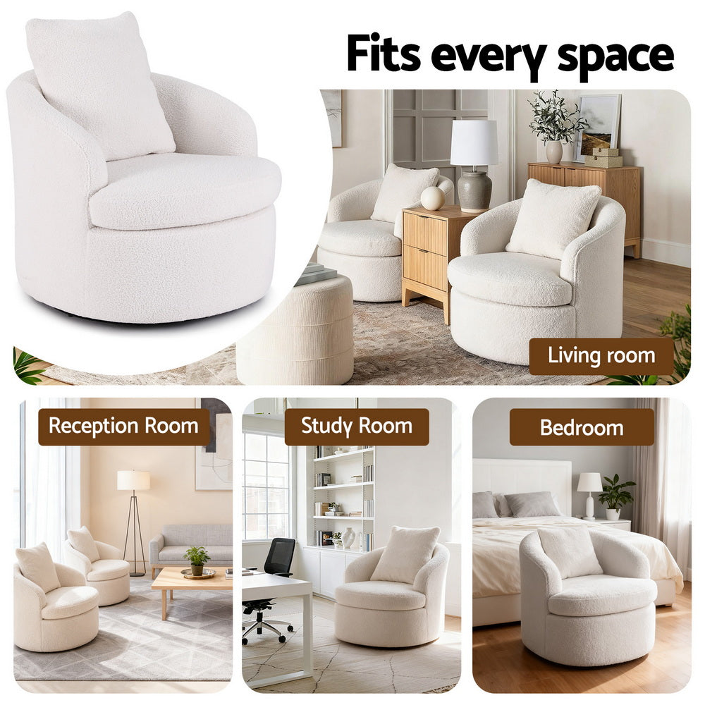 Artiss Round Swivel Armchair Extra Pillow White - Image 6