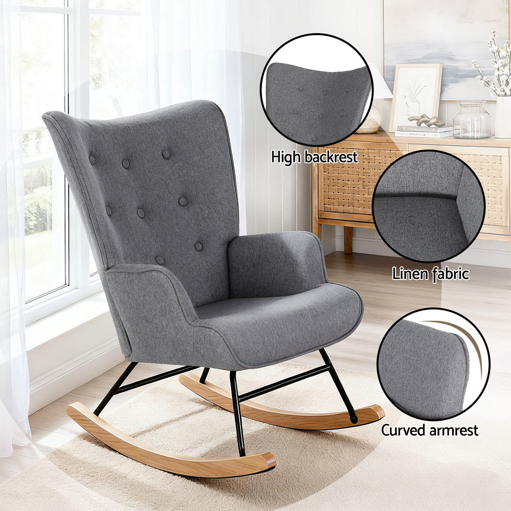 Artiss Rocking Armchair Nursing Chair Linen Fabric Grey - Image 5