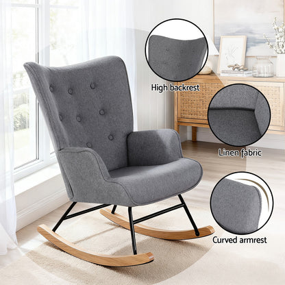 Artiss Rocking Armchair Nursing Chair Linen Fabric Grey - Image 5
