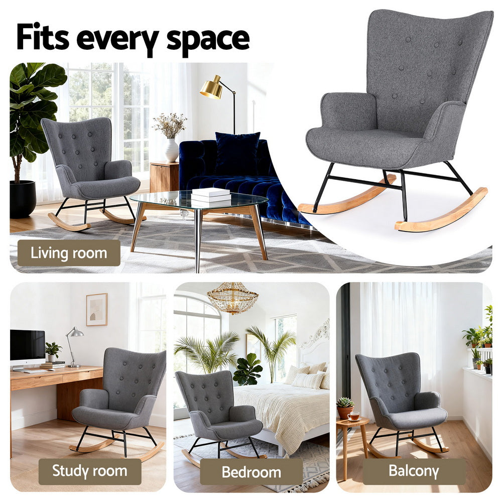 Artiss Rocking Armchair Nursing Chair Linen Fabric Grey - Image 6