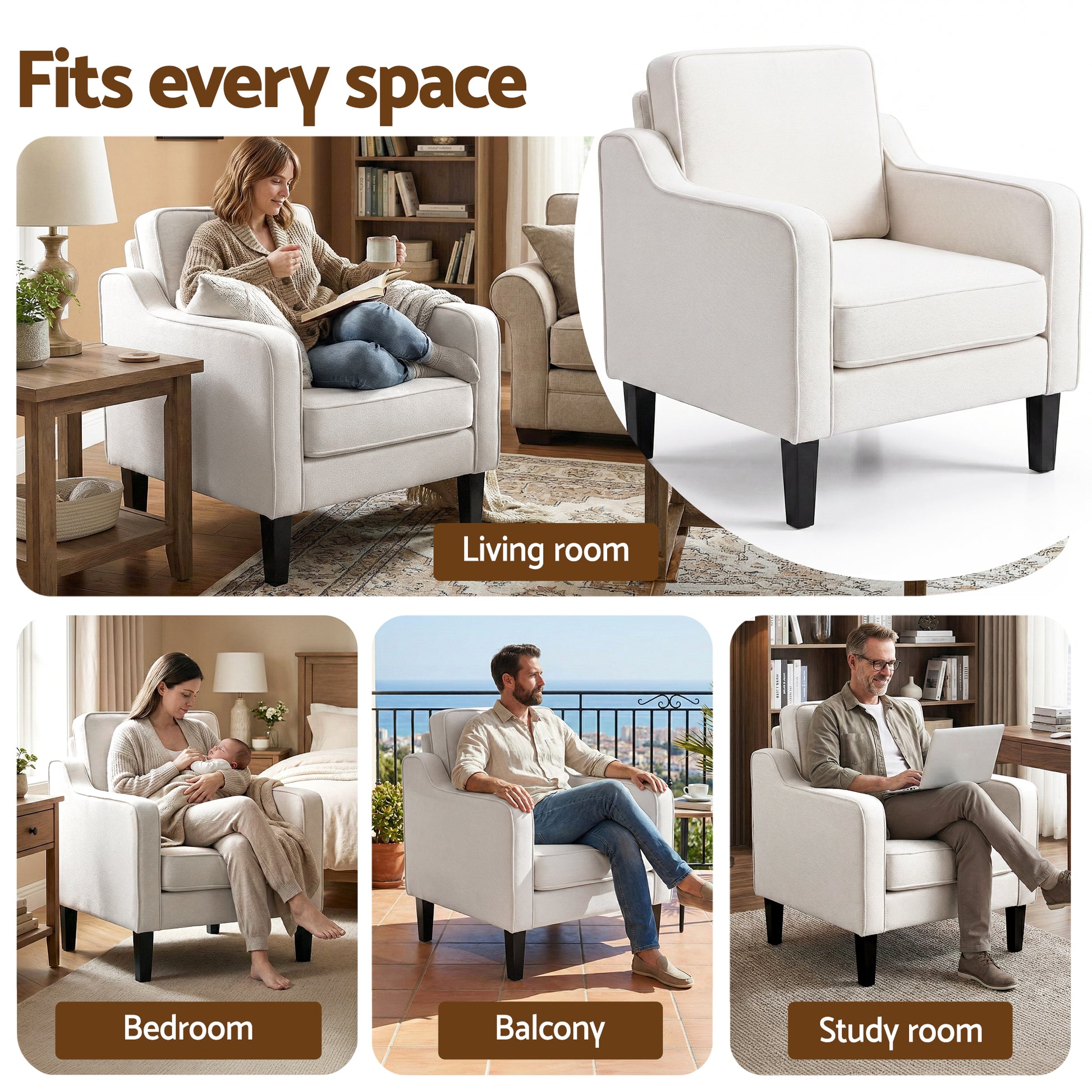 Artiss Armchair Lounge Accent Chair Linen Fabric Beige - Image 6