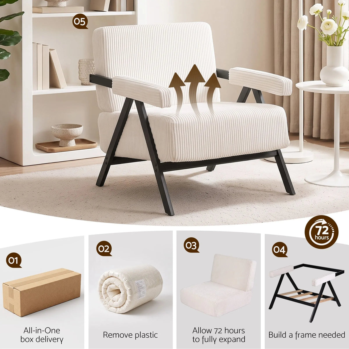 Artiss Compressed Armchair White Corduroy Accent Chair for Small Space - Image 5