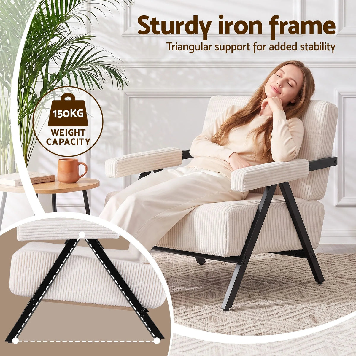 Artiss Compressed Armchair White Corduroy Accent Chair for Small Space - Image 6