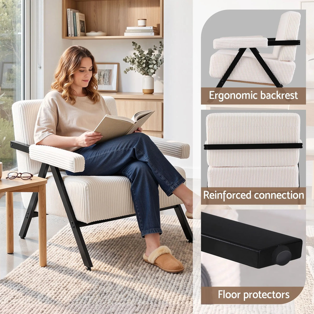Artiss Compressed Armchair White Corduroy Accent Chair for Small Space - Image 7