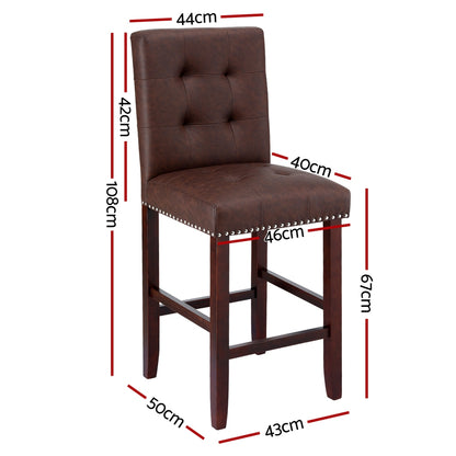 Artiss 2x Bar Stools Kitchen Dining Chairs Counter PU Leather Wooden Ada Brown - Image 2